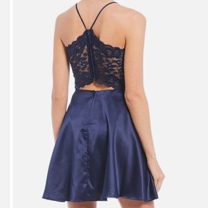 B DARLIN Womens Satin Dress, Lace Back in Navy Color